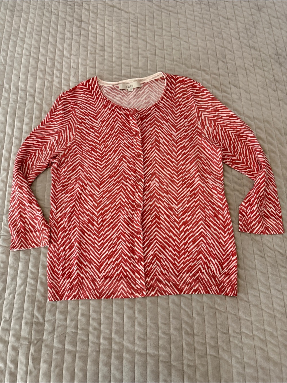 LOFT Red & White Chevron-Print Button Cardigan